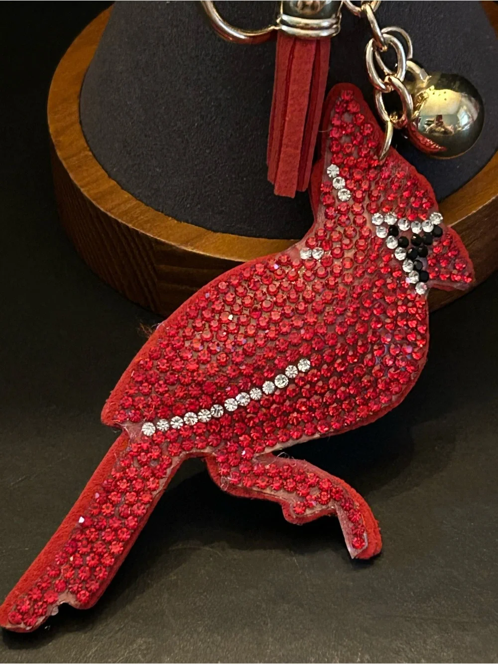 PREMIUM Puffy Red Crystal Cardinal Bird Bag Charm Keychain w/Gold Hardware